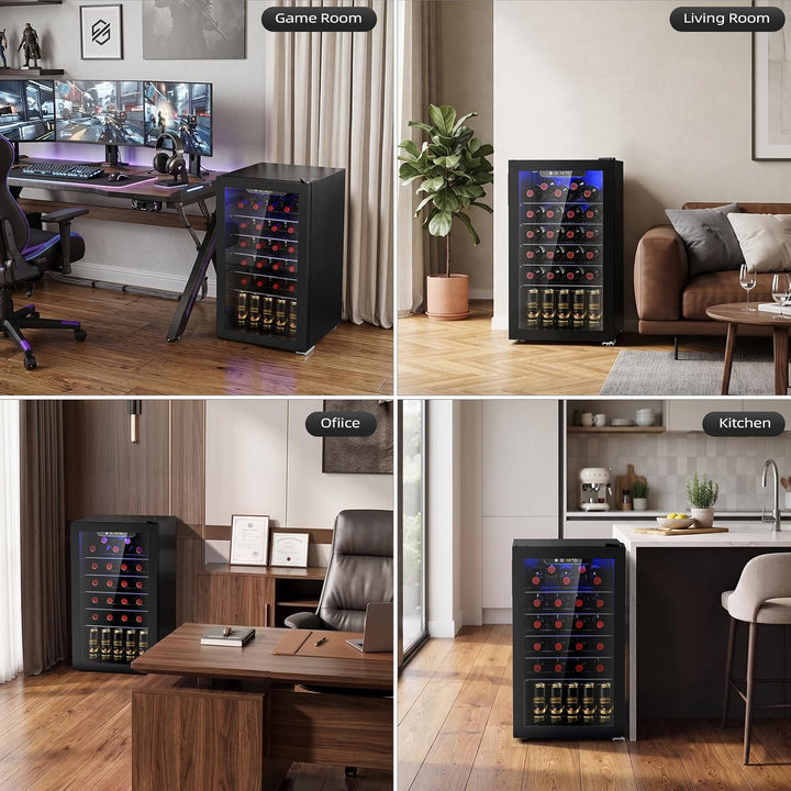 A 4-panel collage showing a black wine refrigerator with blue LED lighting in different real-world settings: a game room, living room, office, and kitchen. Each panel shows the appliance placed in a furnished interior with wood floors and wood furniture.