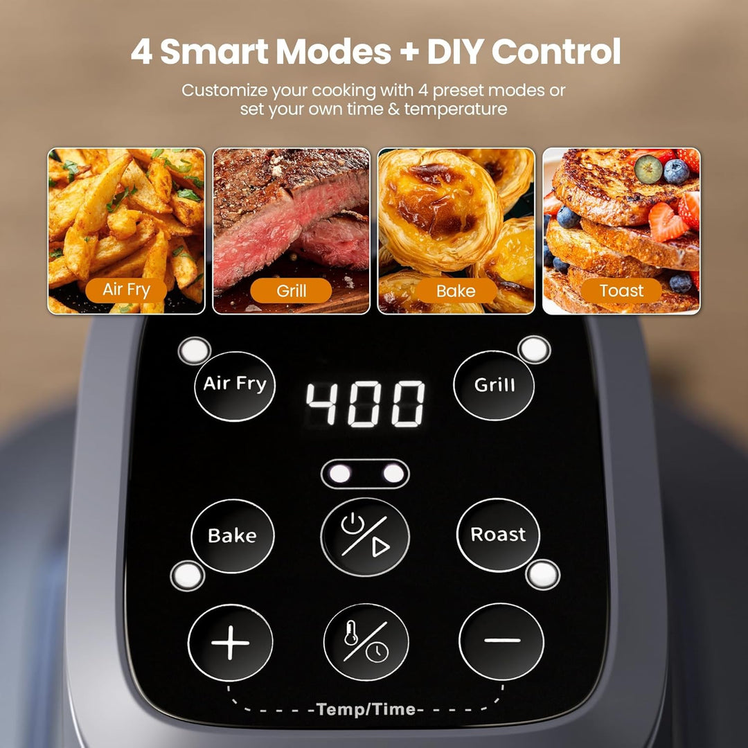 Multifunctional kitchen appliance with digital control panel displaying '4 Smart Modes + DIY Control' on a blurred food background.