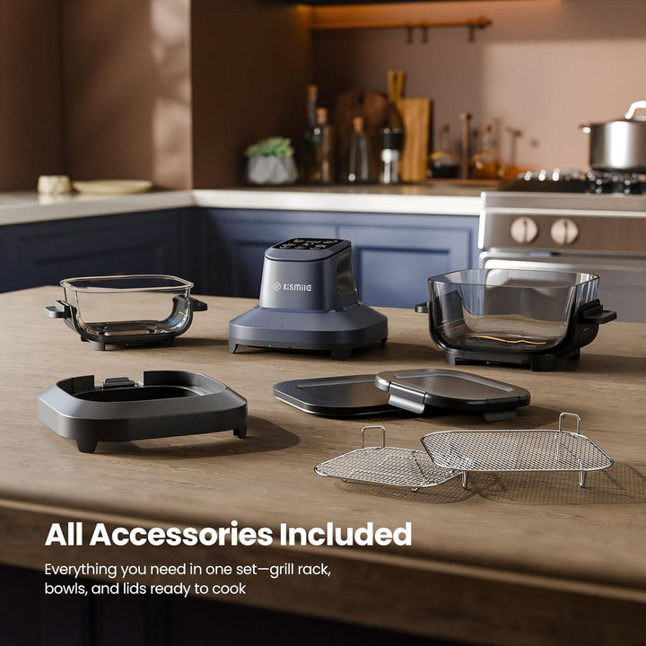 Set of kitchen accessories including bowls, grill rack, and lids on a wooden surface with a kitchen background.
