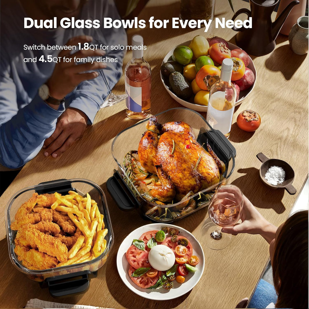 Dual glass bowls for serving food on a dining table with people enjoying a meal.