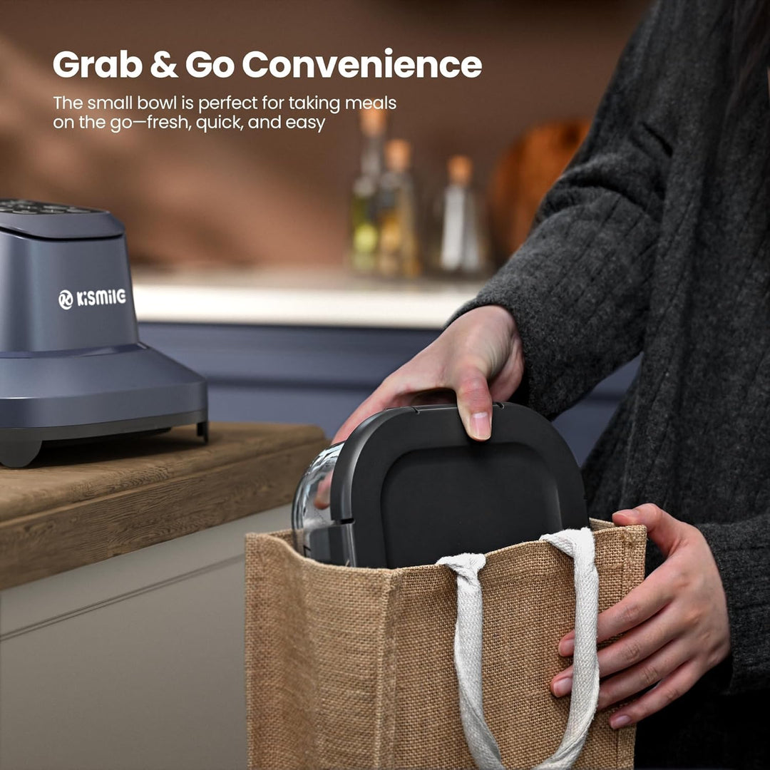 Person holding a small bowl with a lid, placed in a brown bag, with a kitchen background.