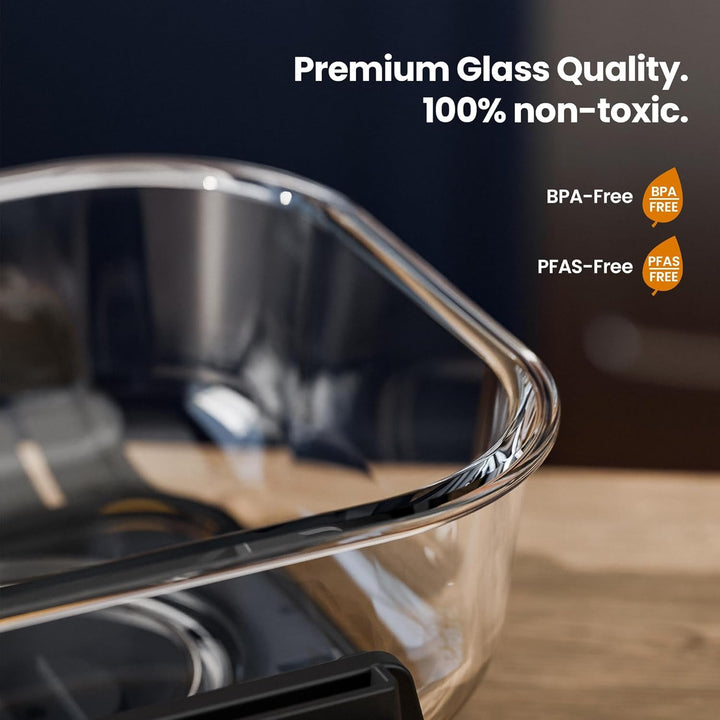 Clear glass container with text highlighting premium quality, non-toxicity, BPA-free, and PFAS-free features.