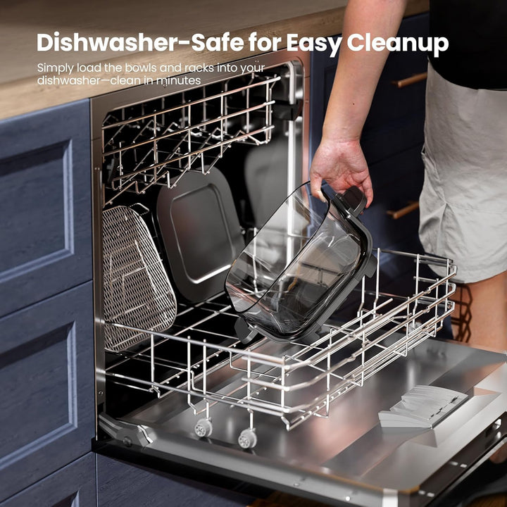 Person loading a dishwasher with glass containers, text indicating dishwasher-safe for easy cleanup.