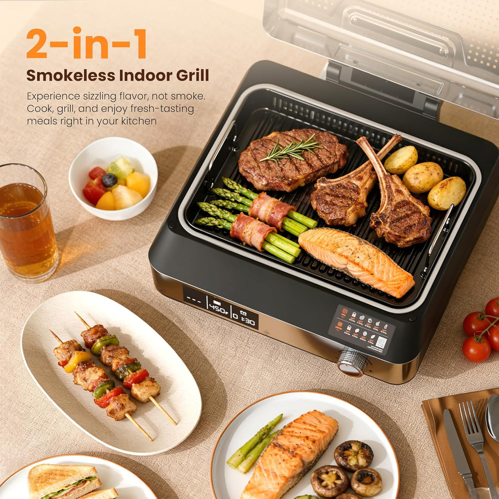 2-in-1 smokeless indoor grill with cooked food on a table.