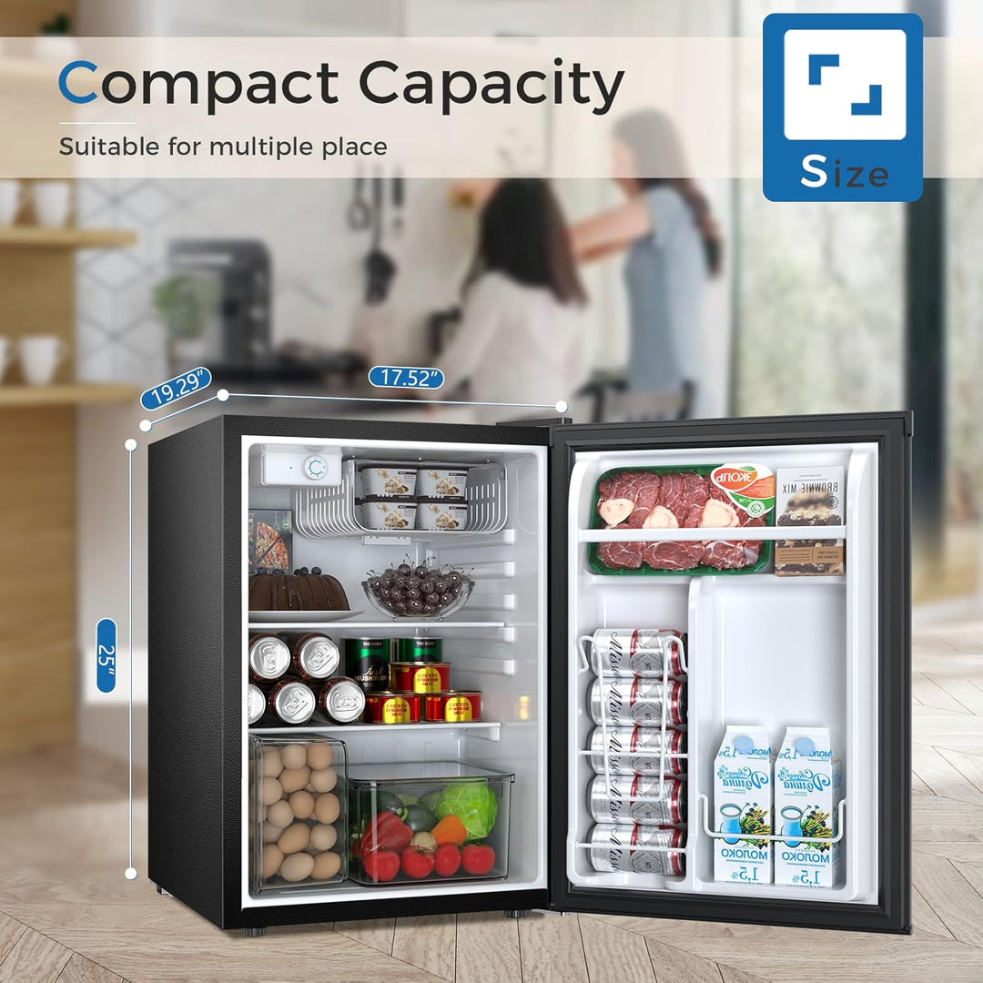 Compact refrigerator with food items inside, showing capacity and dimensions, with a blurred background of people and furniture.