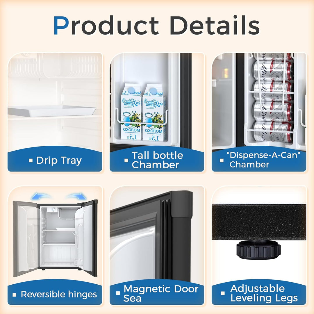 Product details of a refrigerator with labeled features on a beige background