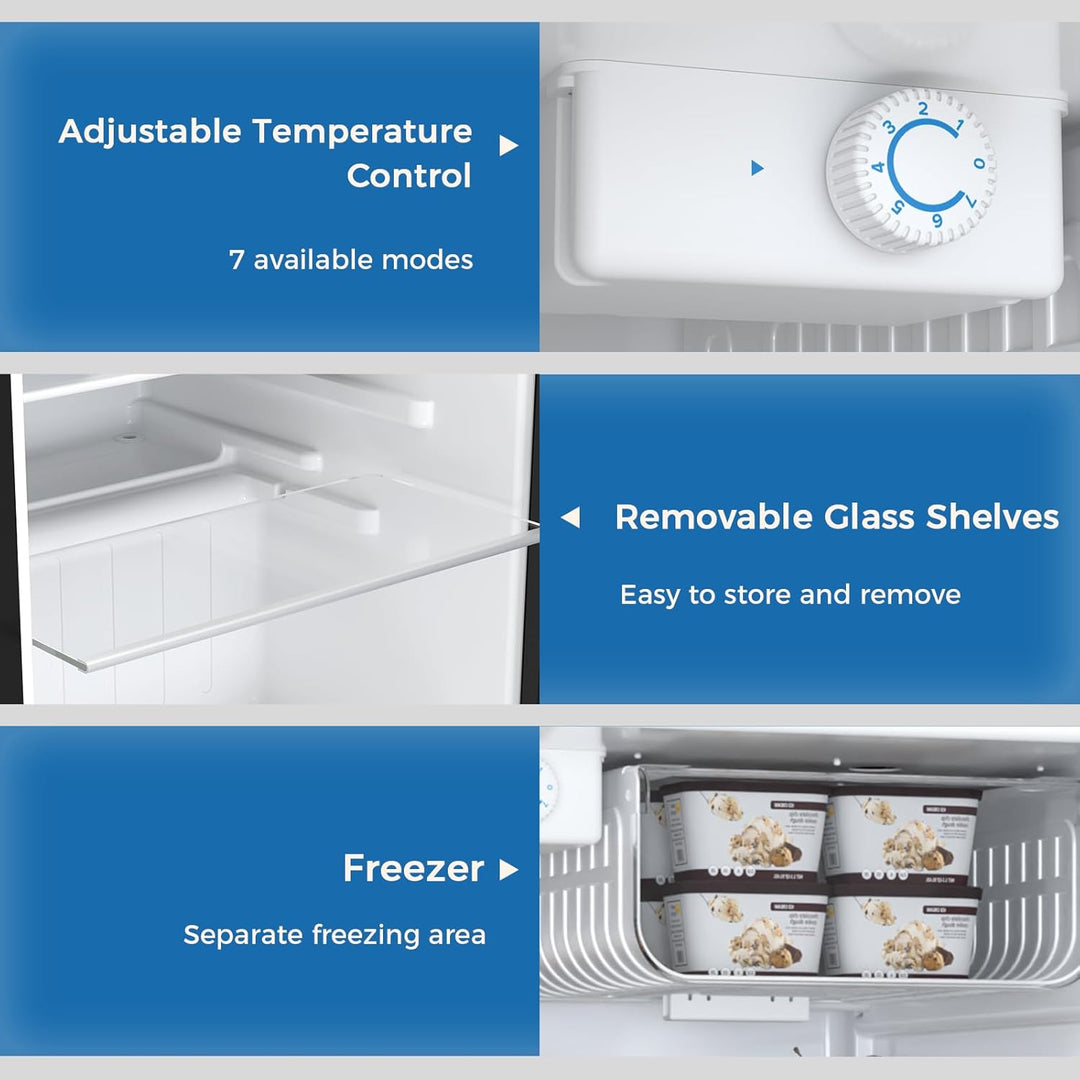 Features of a refrigerator with adjustable temperature control, removable glass shelves, and a separate freezer section.