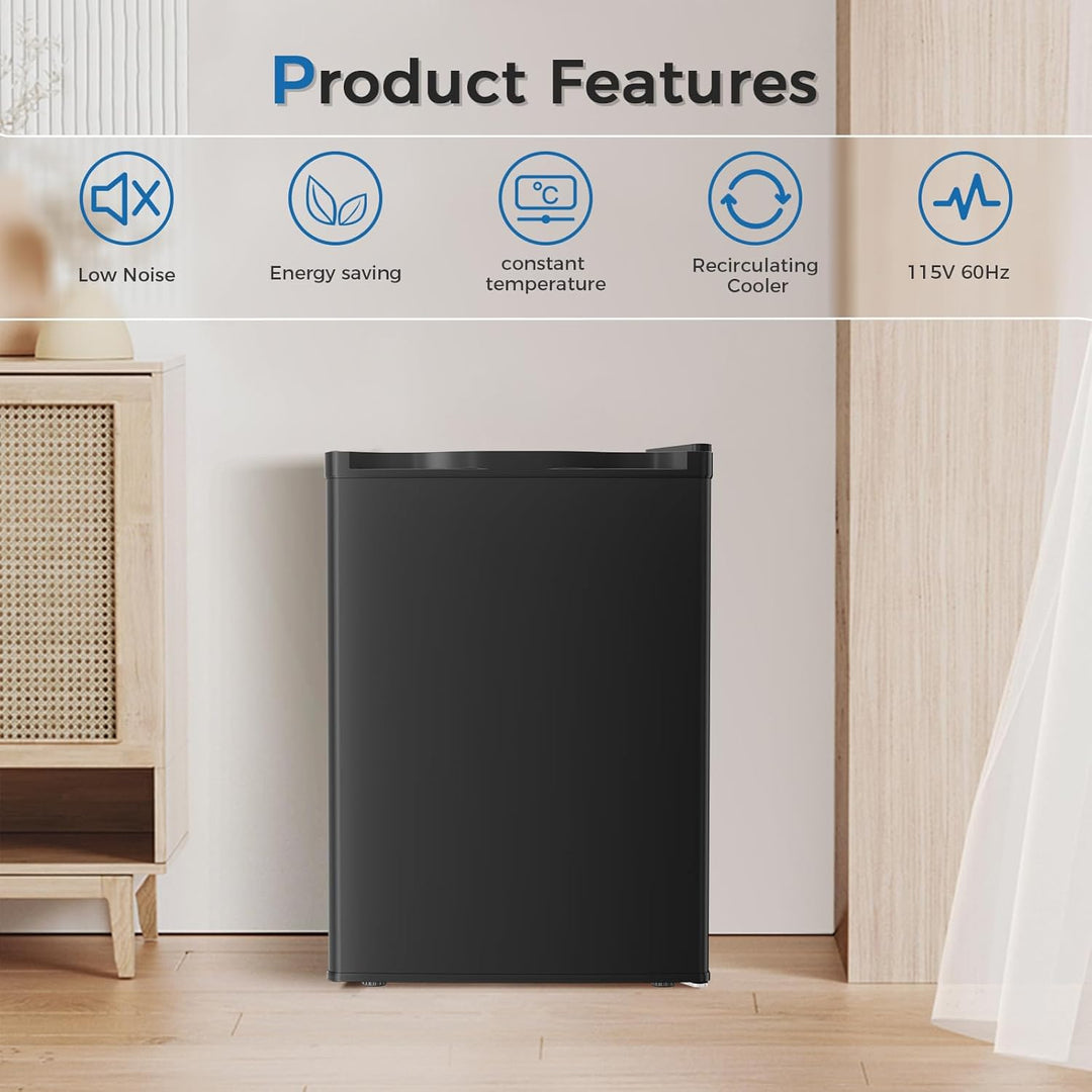 Black refrigerator with product features listed above it on a light wood floor.