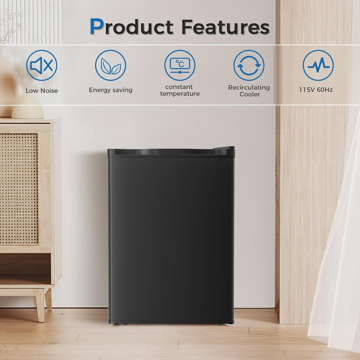 Black refrigerator with product features listed above it on a light wood floor.
