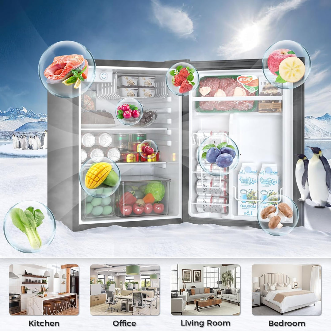 Smart refrigerator with food categories displayed, surrounded by penguins and mountain landscape.