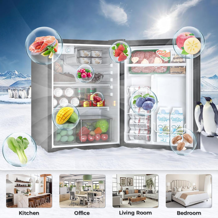 Smart refrigerator with food categories displayed, surrounded by penguins and mountain landscape.