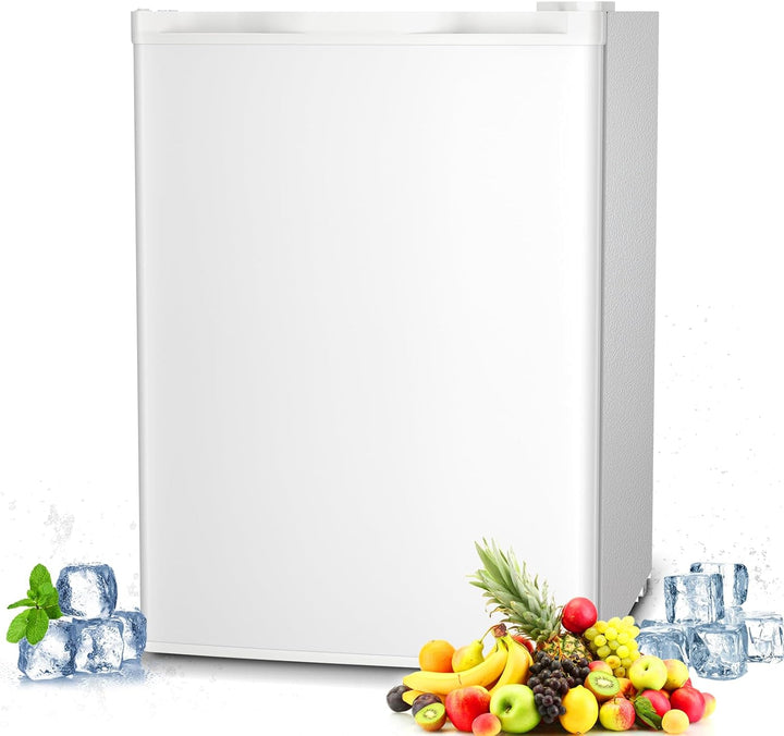 Small white refrigerator with fruits and drinks on a white background