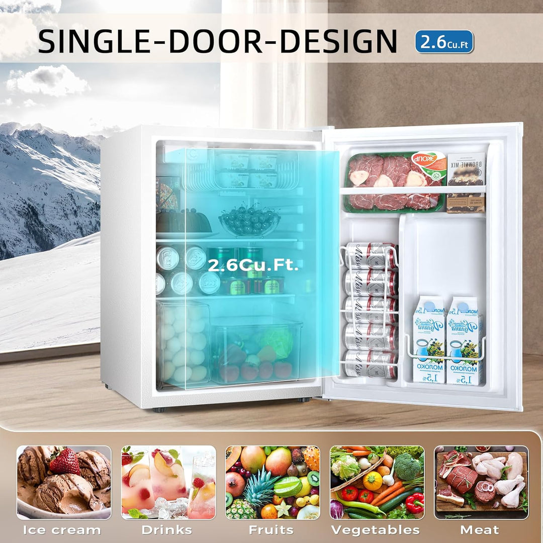 Small refrigerator with open door showing interior and food items, set against a mountainous landscape.