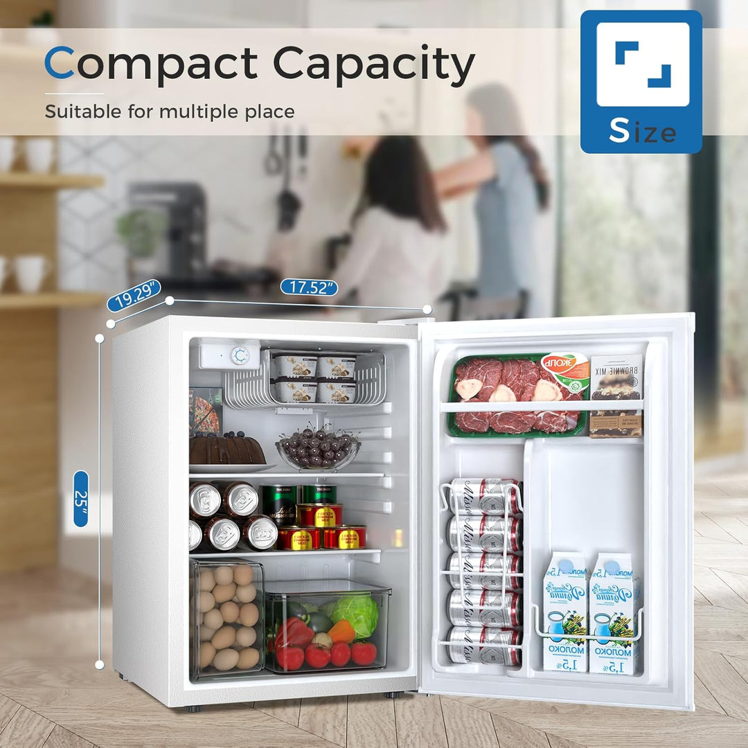 Compact refrigerator with open door showing food items, suitable for multiple places.