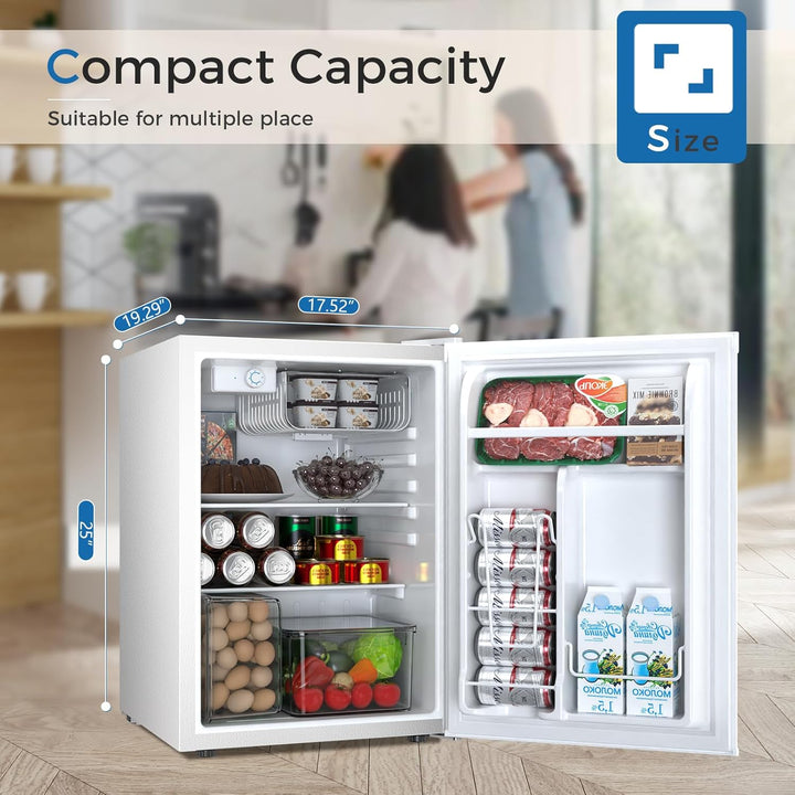Compact refrigerator with open door showing food items, suitable for multiple places.