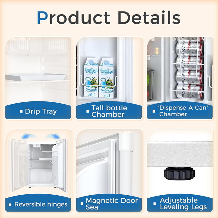 Product details of a refrigerator with labeled features on a beige background