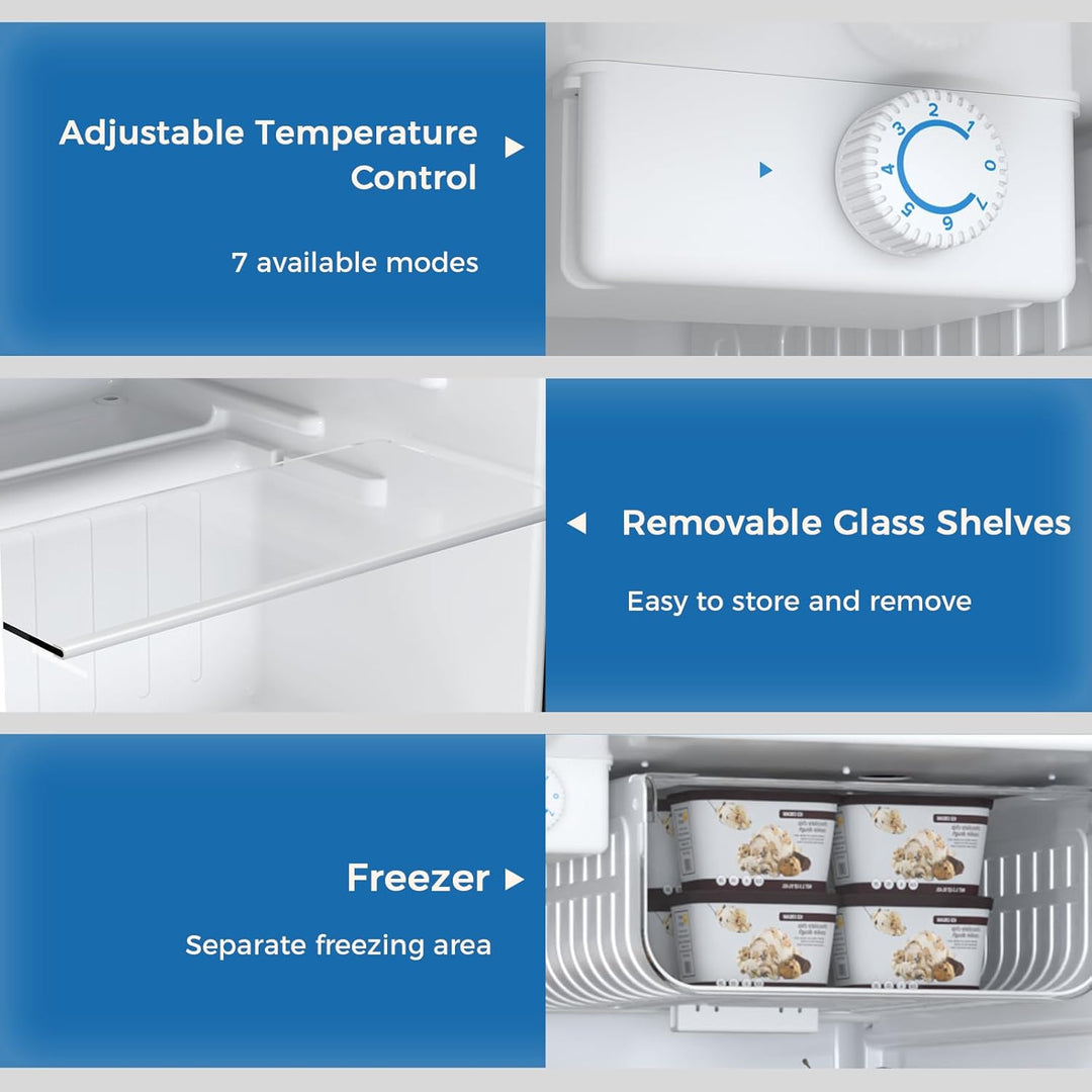 Features of a refrigerator with adjustable temperature control, removable glass shelves, and a separate freezer area.