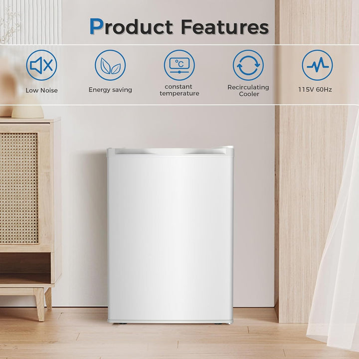 White appliance on a wooden floor with product features listed above it.