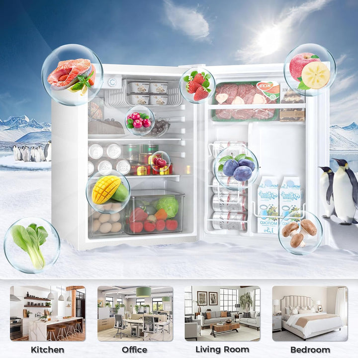Smart refrigerator with food items displayed, surrounded by penguins and mountain landscape, with lifestyle images of kitchen, office, living room, and bedroom.
