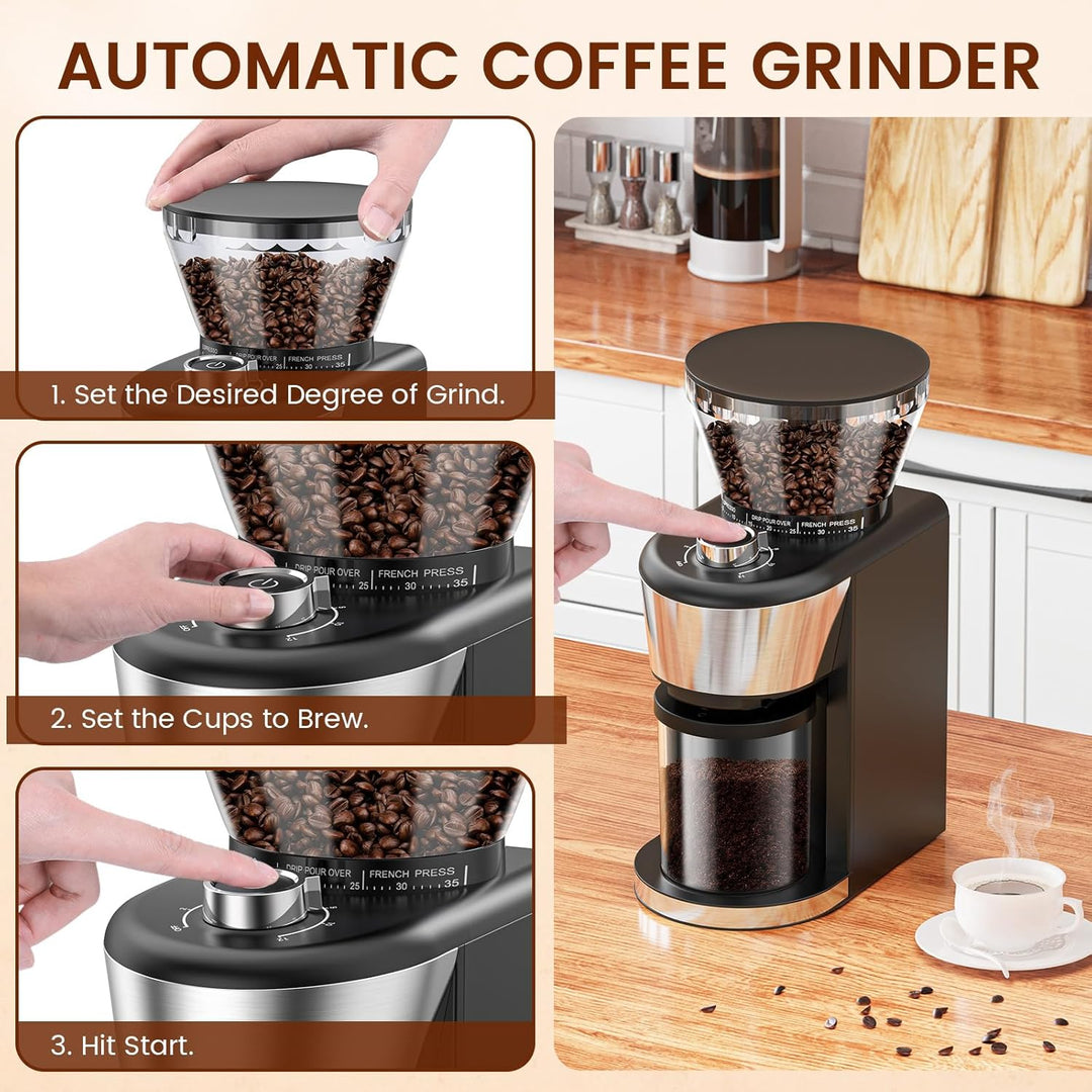 Automatic Coffee Grinder, Electric Burr One - Touch Grinder with 35 Grind Settings for Drip/Espresso/PourOver/ColdBrew, 2 - 12 Cup Dose Selection B8002 - Kismile