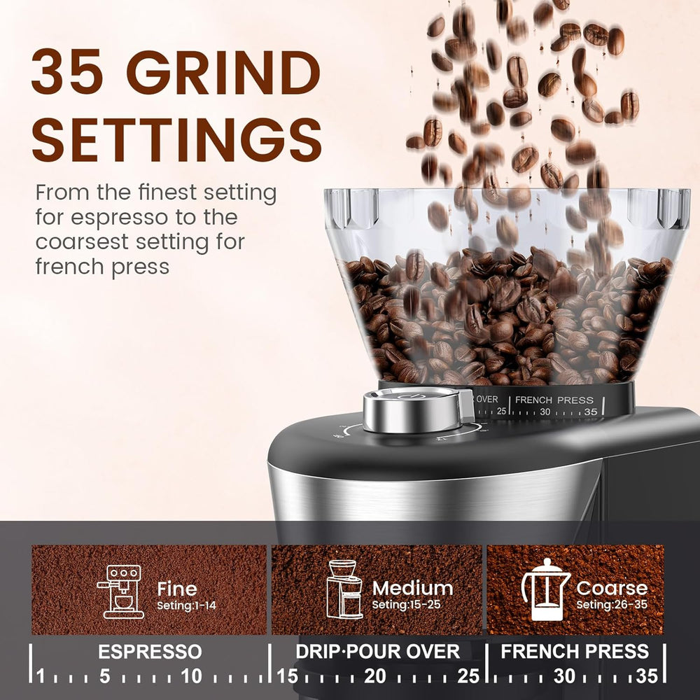 Automatic Coffee Grinder, Electric Burr One - Touch Grinder with 35 Grind Settings for Drip/Espresso/PourOver/ColdBrew, 2 - 12 Cup Dose Selection B8002 - Kismile