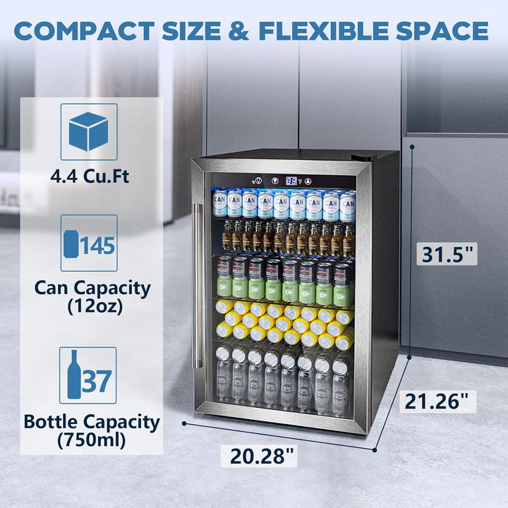 Beverage Refrigerator Cooler 4.4 Cu.Ft,145 Can Mini Fridge with Glass Door W58128SSH - Kismile