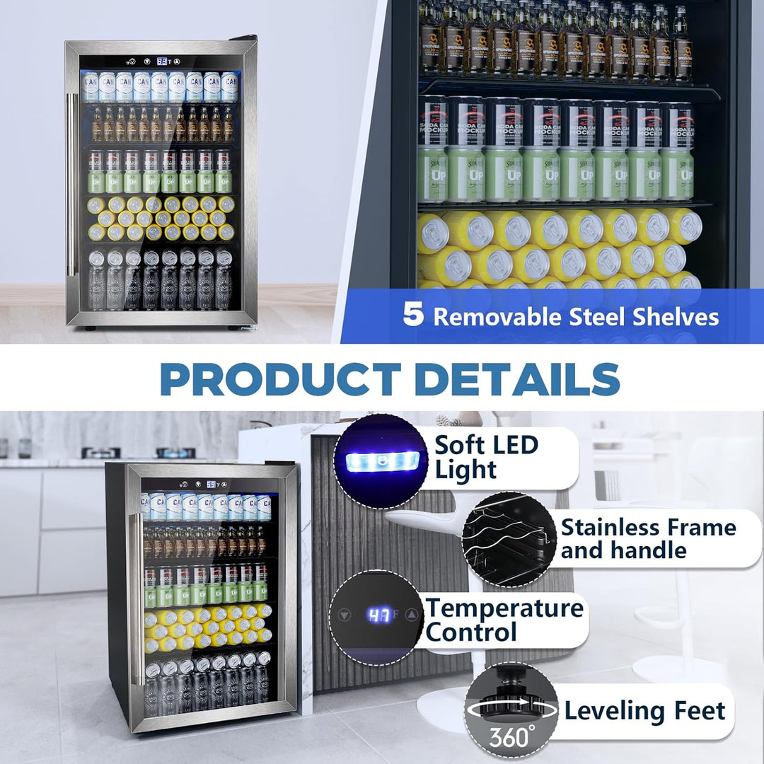 Beverage Refrigerator Cooler 4.4 Cu.Ft,145 Can Mini Fridge with Glass Door W58128SSH - Kismile