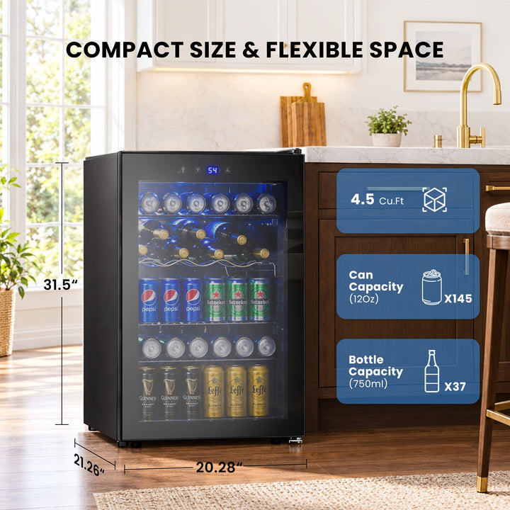 Beverage Refrigerator Cooler 4.5 Cu.Ft,145 Can Mini Fridge with Glass Door W58128BH - Kismile