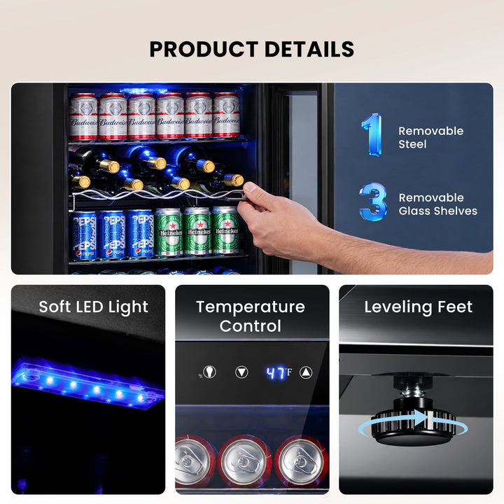 Beverage Refrigerator Cooler 4.5 Cu.Ft,145 Can Mini Fridge with Glass Door W58128BH - Kismile
