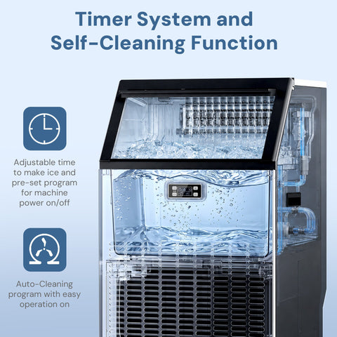 Commercial Ice Maker, Freestanding Square Ice Cube Maker 265lbs/24h, 55lbs Storage Bin, Full Heavy Duty Stainless Steel Construction - Kismile