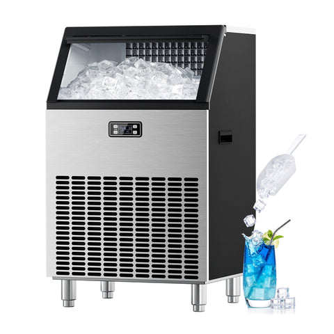 Commercial Ice Maker, Freestanding Square Ice Cube Maker 265lbs/24h, 55lbs Storage Bin, Full Heavy Duty Stainless Steel Construction - Kismile