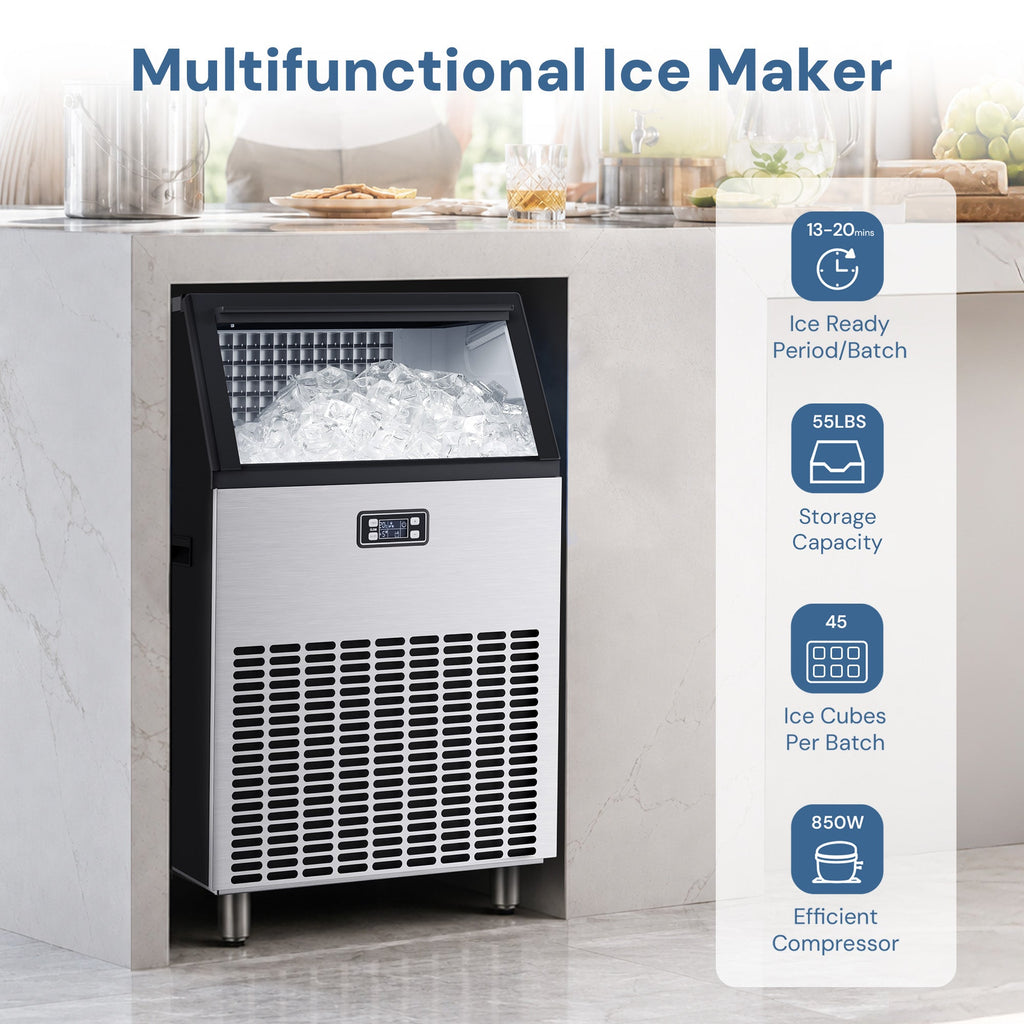 Commercial Ice Maker, Freestanding Square Ice Cube Maker 265lbs/24h, 55lbs Storage Bin, Full Heavy Duty Stainless Steel Construction - Kismile