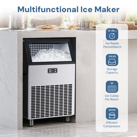 Commercial Ice Maker, Freestanding Square Ice Cube Maker 265lbs/24h, 55lbs Storage Bin, Full Heavy Duty Stainless Steel Construction - Kismile