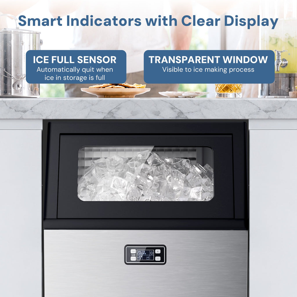 Commercial Ice Maker, Freestanding Square Ice Cube Maker 265lbs/24h, 55lbs Storage Bin, Full Heavy Duty Stainless Steel Construction - Kismile