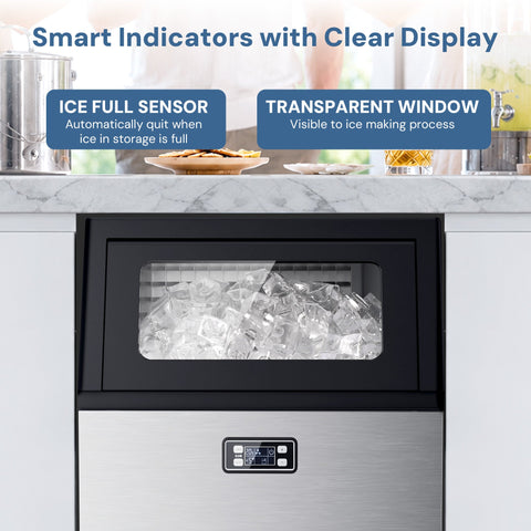 Commercial Ice Maker, Freestanding Square Ice Cube Maker 265lbs/24h, 55lbs Storage Bin, Full Heavy Duty Stainless Steel Construction - Kismile