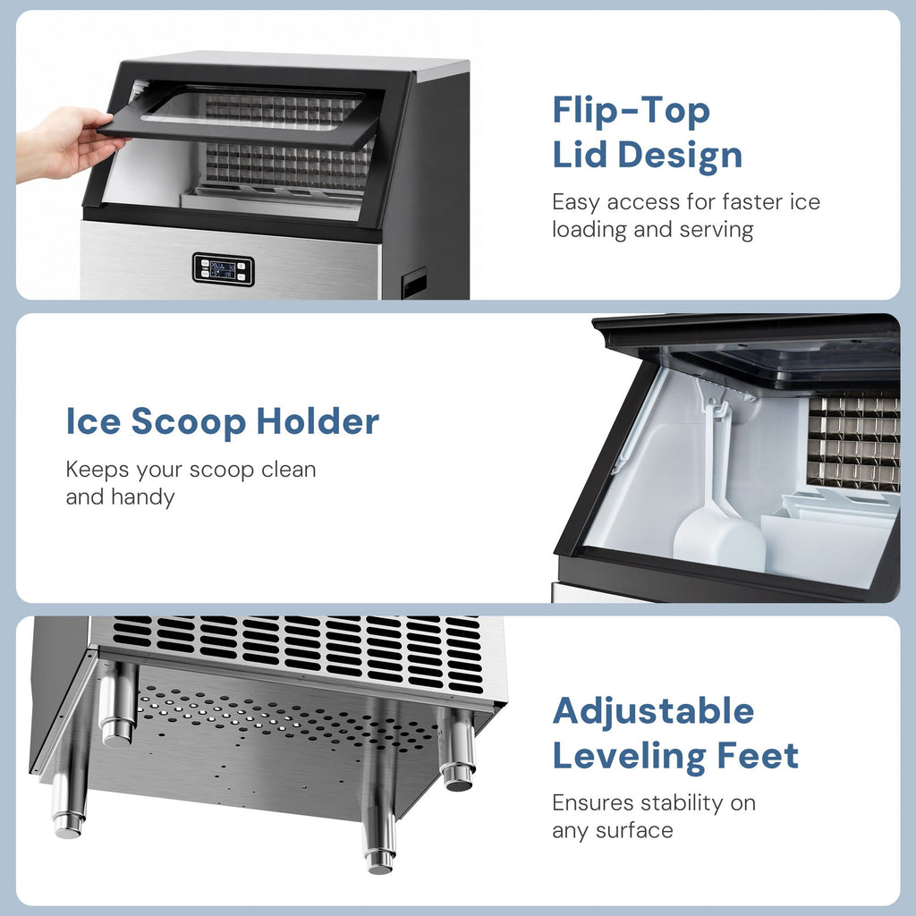 Commercial Ice Maker, Freestanding Square Ice Cube Maker 265lbs/24h, 55lbs Storage Bin, Full Heavy Duty Stainless Steel Construction - Kismile