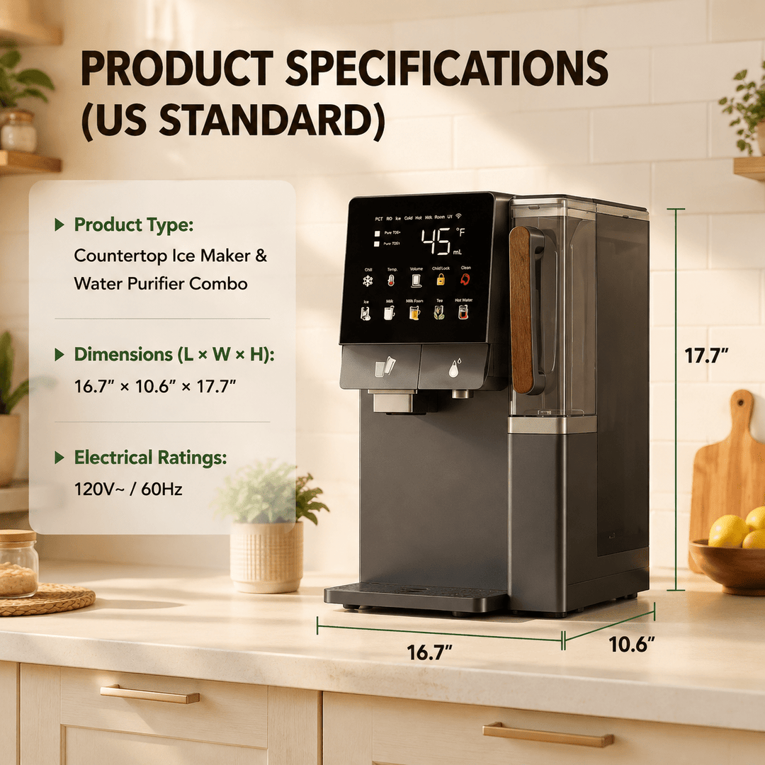 Countertop Water Dispenser with Ice Maker, All-in-1 Instant Hot & Cold Water Purifier Combo with Sr-Enriched Mineral Filtration, 8-Min Fast Bullet Ice Maker, Full-Waterway High-Temp Sterilization for Home & Office - Kismile