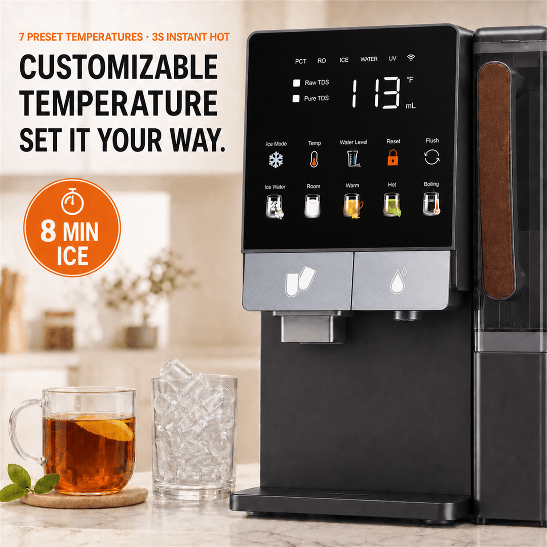 Countertop Water Dispenser with Ice Maker, All-in-1 Instant Hot & Cold Water Purifier Combo with Sr-Enriched Mineral Filtration, 8-Min Fast Bullet Ice Maker, Full-Waterway High-Temp Sterilization for Home & Office - Kismile