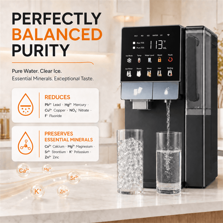Countertop Water Dispenser with Ice Maker, All-in-1 Instant Hot & Cold Water Purifier Combo with Sr-Enriched Mineral Filtration, 8-Min Fast Bullet Ice Maker, Full-Waterway High-Temp Sterilization for Home & Office - Kismile