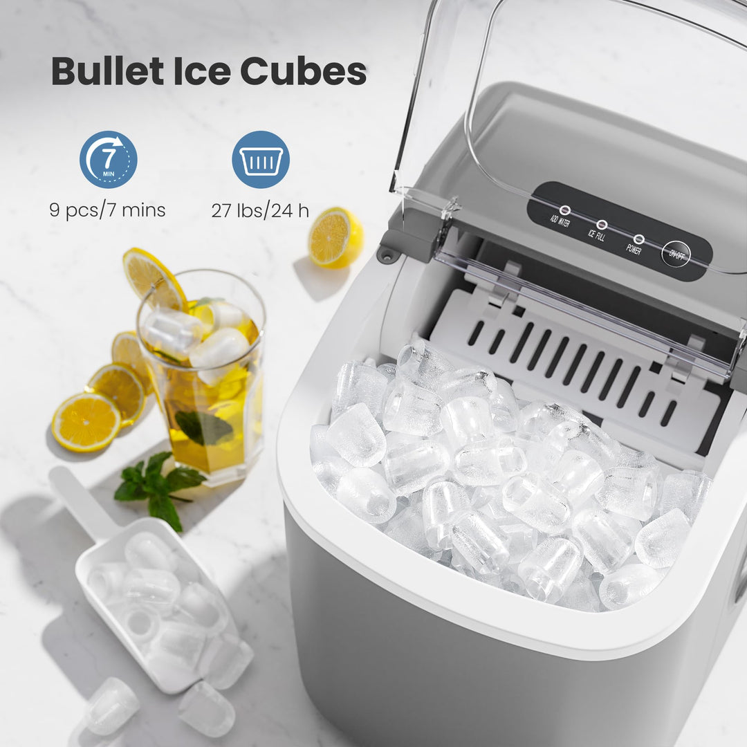 Crzoe Countertop Ice Maker Machine with Handle, 9 Bullet - Shaped Ice Cubes Ready in 6 Mins, 26Lbs/24H, Self - Cleaning Function with Ice Scoop and Basket for Home/Kitchen/Party (Grey) - Kismile