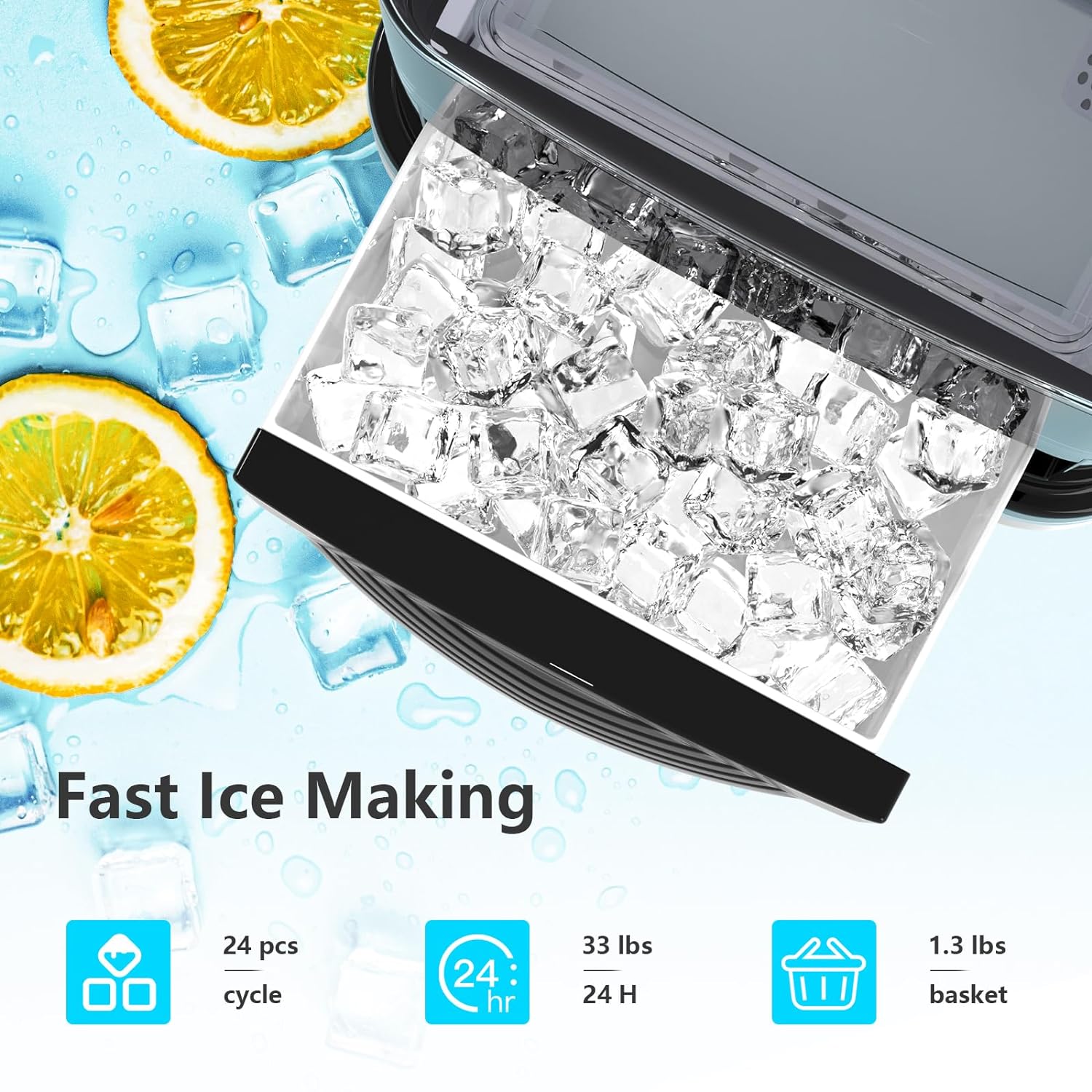 Cubic Ice Maker Machine, 24 pcs Ice Cubes One Cycle, 33 Lbs/24 Hrs