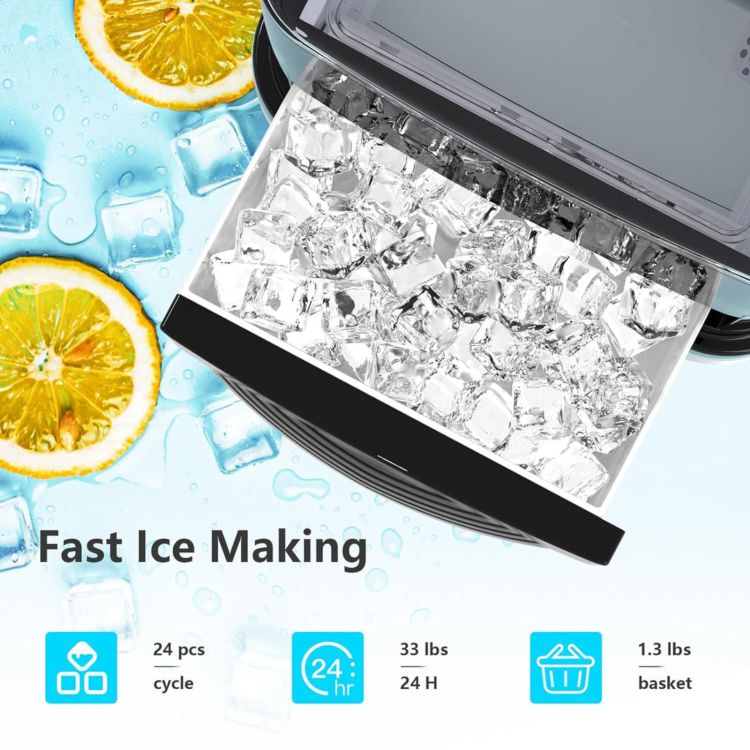 Cubic Ice Maker Machine, 24 pcs Ice Cubes One Cycle, 33 Lbs/24 Hrs, 2 Ice Sizes, Adjustable Ice Thickness, 1.3 Lbs Ice Storage Capacity - Kismile