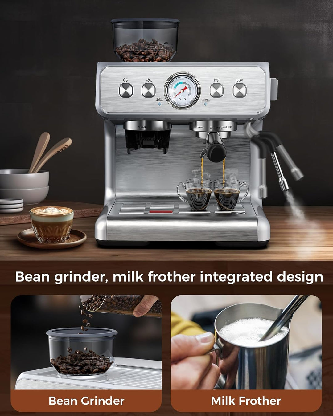 Kismile Espresso Machine 15 Bar, Semi-Automatic Coffee Maker with Bean Grinder and Milk Frother Steam Wand