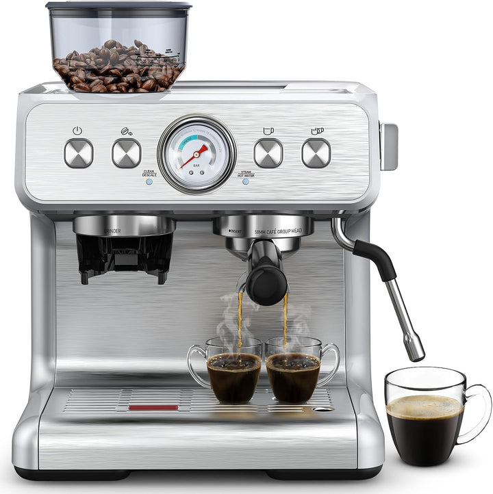 Kismile Espresso Machine 15 Bar, Semi-Automatic Coffee Maker with Bean Grinder and Milk Frother Steam Wand