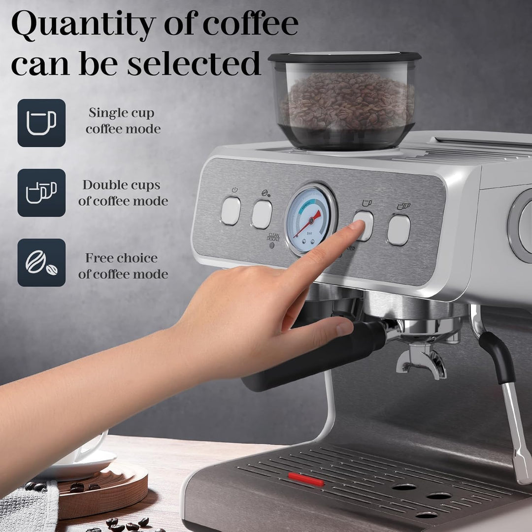 Espresso Machine 15 Bar, Semi - Automatic Coffee Maker with Bean Grinder and Milk Frother Steam Wand CM8050 - Kismile