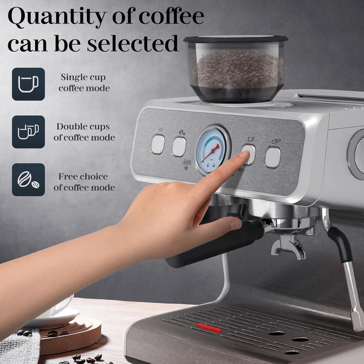 Espresso Machine 15 Bar, Semi - Automatic Coffee Maker with Bean Grinder and Milk Frother Steam Wand CM8050 - Kismile