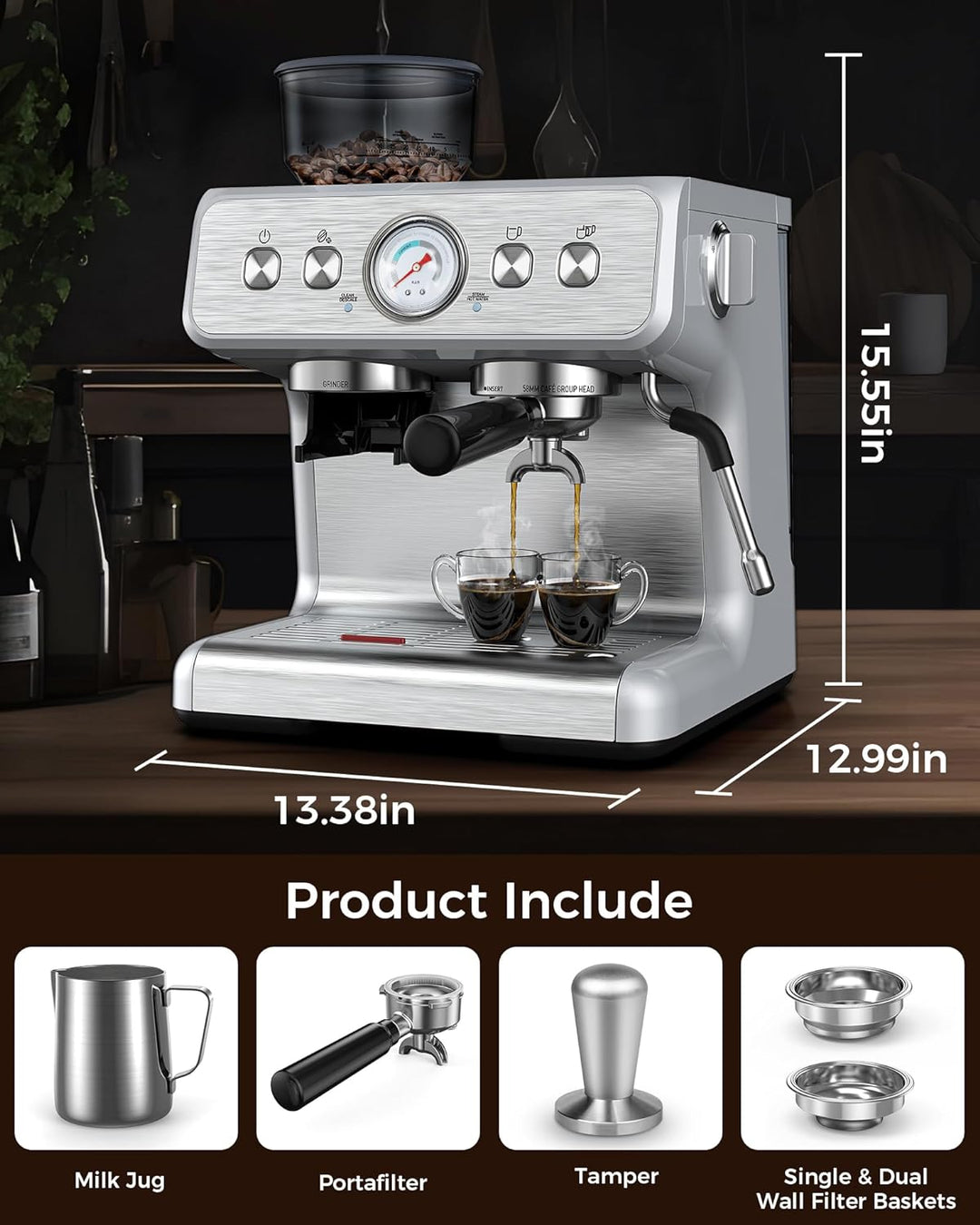 Kismile Espresso Machine 15 Bar, Semi-Automatic Coffee Maker with Bean Grinder and Milk Frother Steam Wand