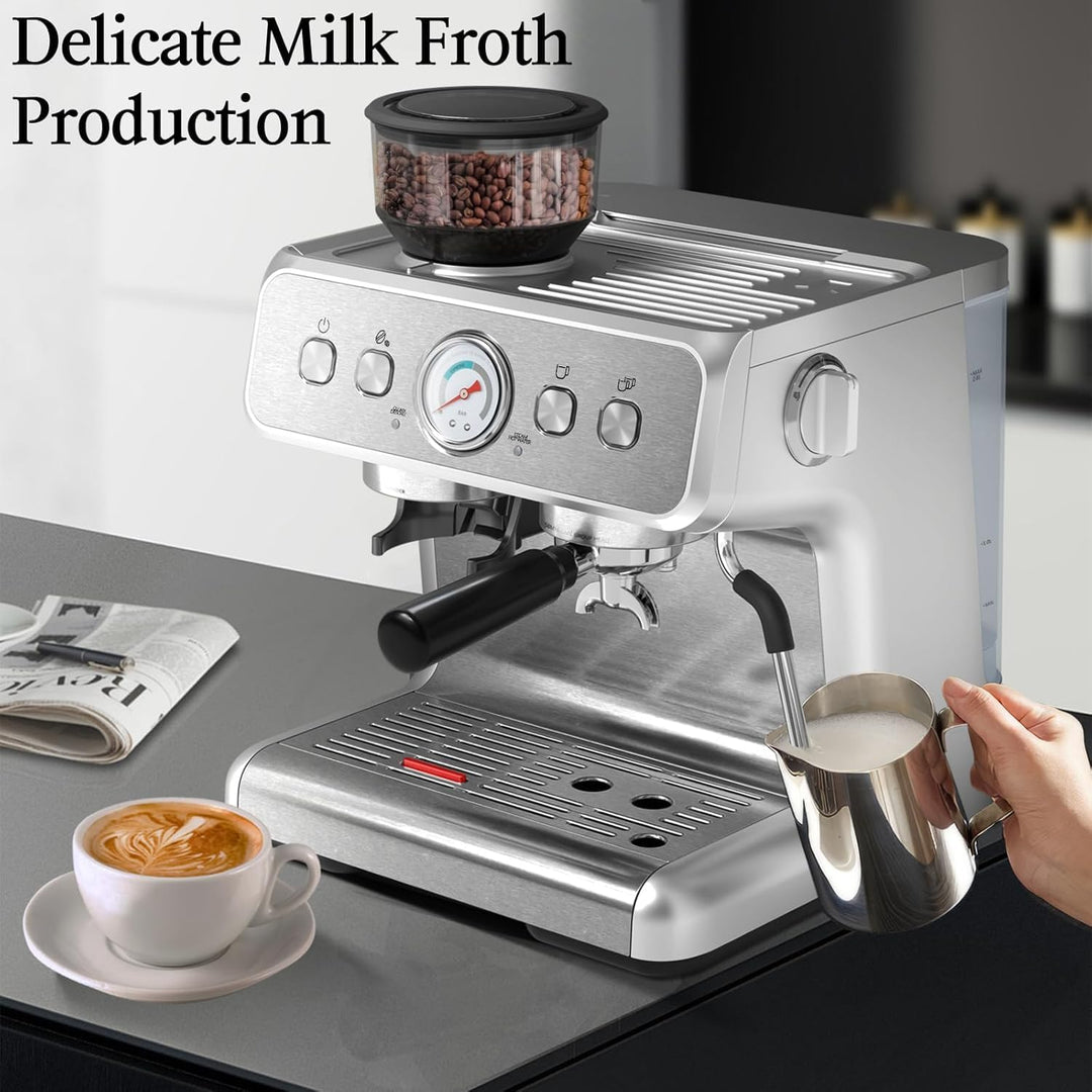 Espresso Machine 15 Bar, Semi - Automatic Coffee Maker with Bean Grinder and Milk Frother Steam Wand CM8050 - Kismile