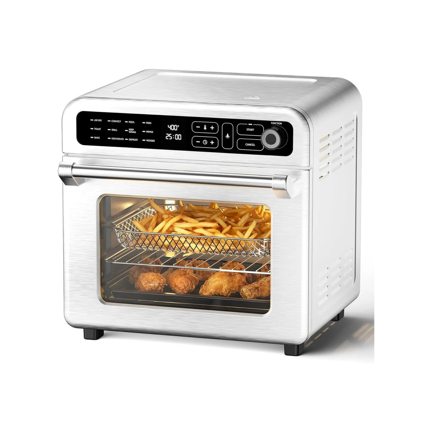 White toaster oven with food inside on a white background