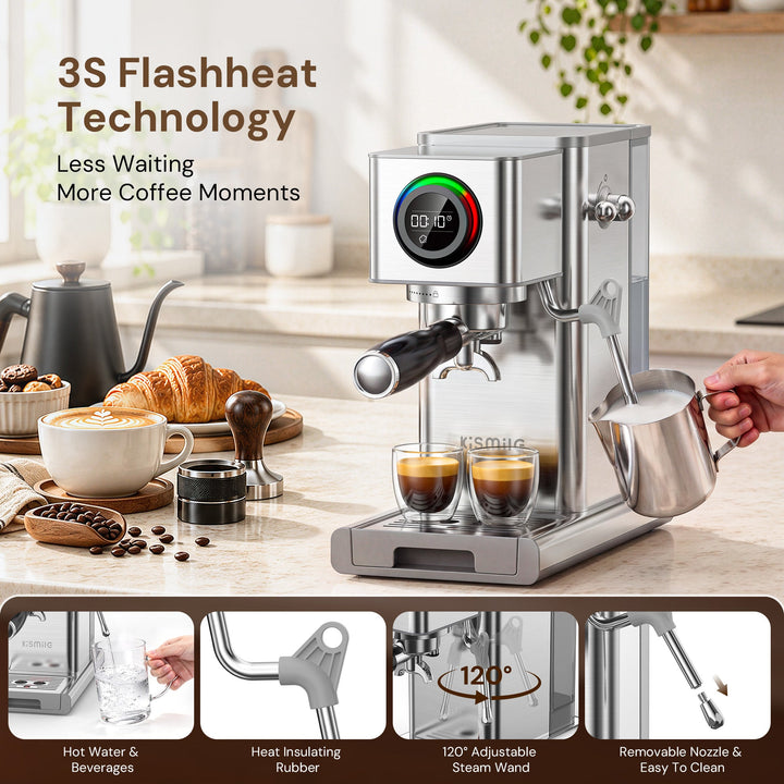 Kismile 20 Bar Semi-Automatic Espresso Machine with LED Pressure Gauge & Milk Frother for Home CM9351 - Kismile